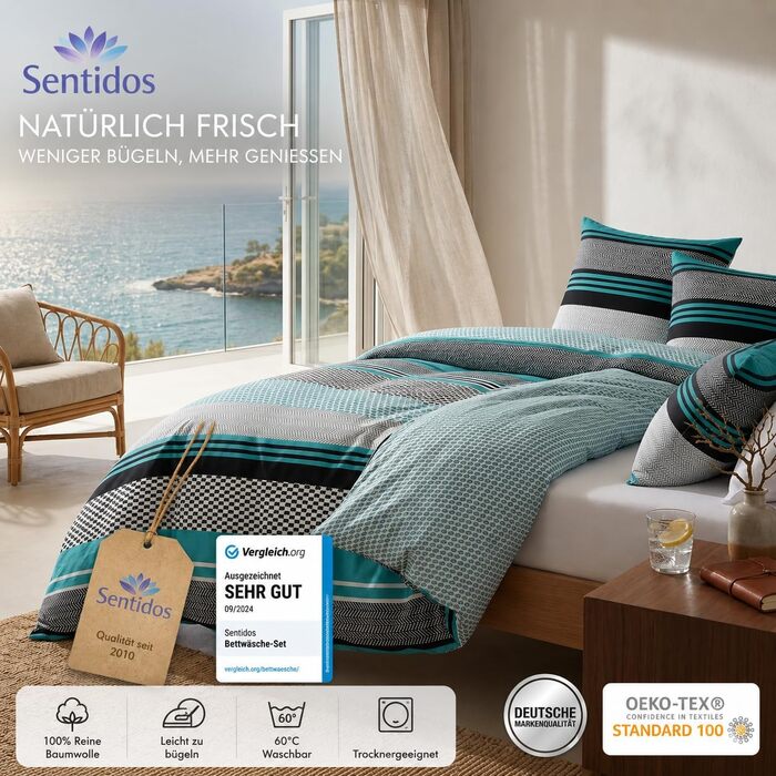 Комплект постільної білизни Sentidos з бавовни ренфорс, 4 предмети (2 підковдри 135x200 см, 2 наволочки 80x80 см на блимавці), бірюзовий/чорний/білий