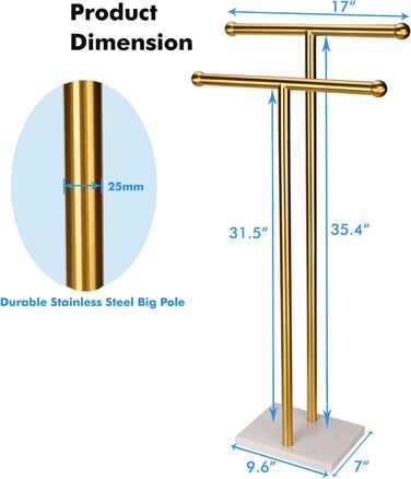 Підставка для рушників стояча, подвійна T-подібна, з основою з мармуровим дизайном, для ванної кімнати, 2-ярусна, з нержавіючої сталі (золоте покриття)