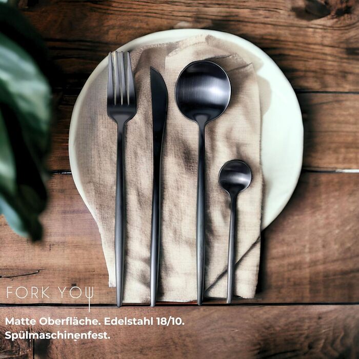 FORK YOU Cutlery Set Black Matt (16-piece), Stainless Steel, Table Cutlery for 4 People, Dishwasher-Safe, Gift Set in High-Quality Gift Box
