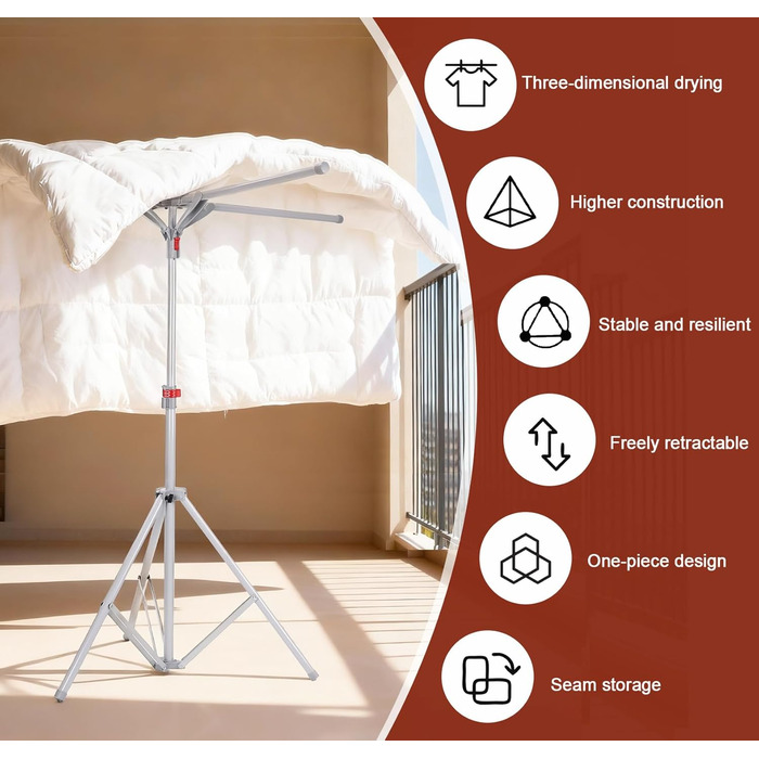 Розкладна сушилка для білизни Standtrockner з 4 крилами, 10 гачків та кліпсою для шкарпеток. Регульована висота, для дому, балкону, кемпінгу (сірий)