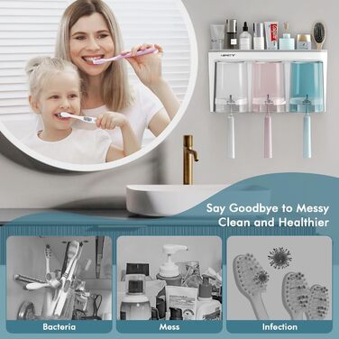 NPET Toothbrush Holder for Bathroom, 3 Cups, Toothbrush Holder Set, Wall Mount, Ideal Bathroom Accessory Organization