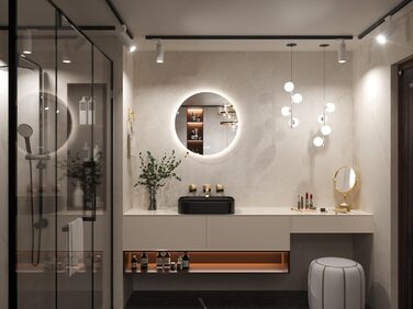 Дзеркало для ванної кімнати Keonjinn кругле, 60см з підсвічуванням, антизапар, сенсорне управління, пам'ять, 3 кольори світла, регулювання яскравості, LED, без рамки