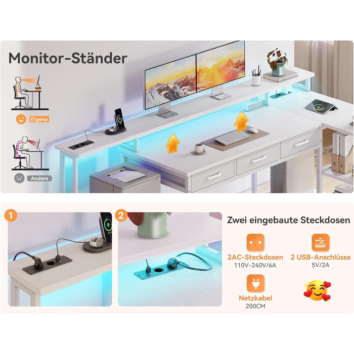 Комп'ютерний стіл Coleshome з 7 висувними ящиками та великим об'ємом зберігання, кутовий стіл з RGB LED підсвічуванням, L-подібний стіл з 2 розетками, ідеальний для офісу та геймінгу (білий, 199.5×145.5 см)