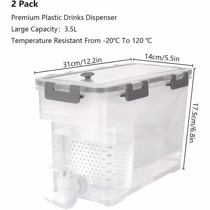 MUXHEL 2 Pack Plastic Drink Dispensers with Tap, 3.5L Drink Cooler with Spout, Gray Lemonade Dispenser with Tap and Removable Filter Plate for Lemonade, Fruit Juice, Fruit Tea