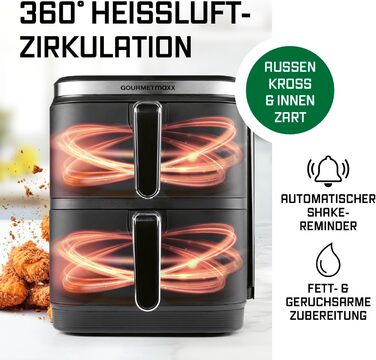 Фритюрниця повітряна GOURMETmaxx FryUp Vertikale з двома камерами, 10 літрів, чорна | 4 рівні для приготування 4 страв | сенсорне дисплей | економія місця