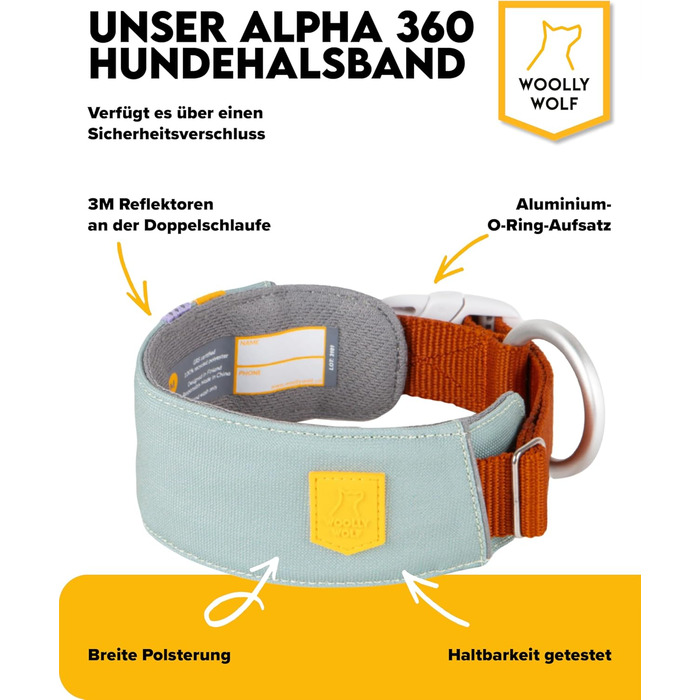 Нашийник для собак середнього розміру Woolly Wolf Alpha 360, розмір M, колір Гляцієрово-зелений - екологічний, зручний, з відбиваючими елементами для безпеки