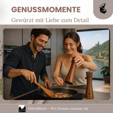 Дерев'яна мельниця для солі та перцю LORELEY® Mittelrhein Germany з керамічним жорном – з підставкою та пензлем – подарункова упаковка. Ідеальний подарунок на весілля або новосілля (Luxury Holz)