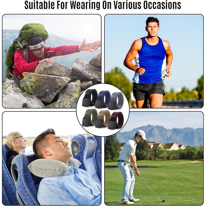 Чоловічий ремінь з нейлону, 6 шт. Регульований тканинний ремінь без пряжки, чоловічий ремінь для подорожей, роботи, активного відпочинку, туризму