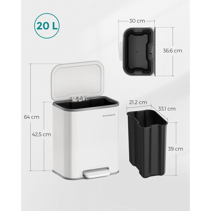Відро для сміття SONGMICS 20 л з кришкою, з педаллю, сталеве, Soft-close, біле (LTB542W02)