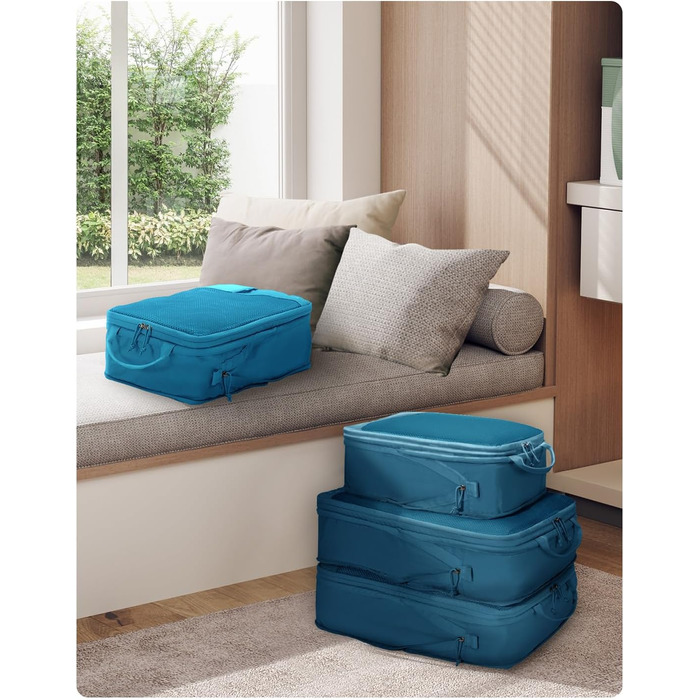 Органайзери для валіз ECOHUB (набір 4 шт) з мітками, екологічні, з перероблених матеріалів, для рюкзаків та валіз, з міцною сіткою, тревел-органайзери (зелений, блакитний)