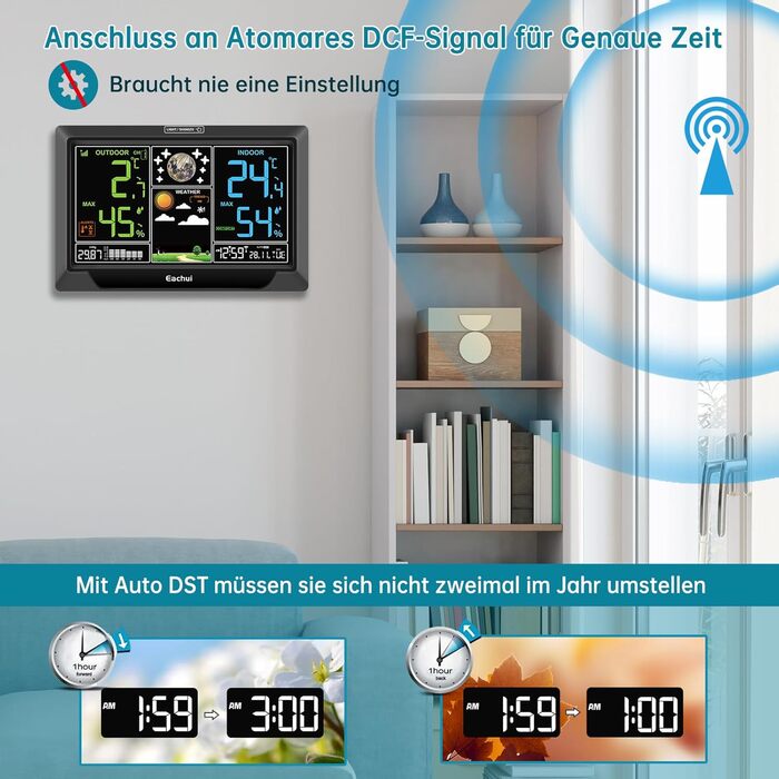 Eachui Weather Station Radio with Outdoor Sensor, Large Color Display, Radio Weather Station with Weather Forecast, DCF Radio Clock, Indoor and Outdoor Temperature and Humidity, Barometer, Battery Powered (Black)