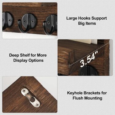 Key holder for wall, decorative key and mail holder with shelf has large key hooks for bags, coats – Paulownia wood key hanger with mounting material (24 cm W x 17 cm)