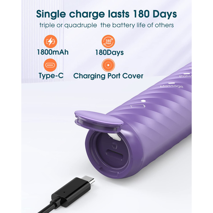 Електрична зубна щітка для дорослих з 6 насадками, акумуляторна звукова, фіолетова (1 шт.) - тривала робота до 180 днів