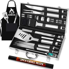 Набір інструментів для грилю ROMANTICIST 31 шт. з нержавіючої сталі, міцний аксесуар для грилю для чоловіків та жінок, набір кухонного приладдя з термометром у алюмінієвому кейсі для відпочинку на природі, кемпінгу, срібний