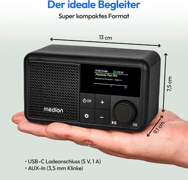 MEDION S66822 Портативне міні-радіо DAB+ з Bluetooth, акумулятор до 6,5 годин, дисплей, телескопічна антена, таймер сну, будильник, AUX, USB-C, зелений (чорний)