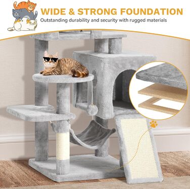 Кігтеточка YITAHOME XL, 137 см, з 2 сизалевими стовпчиками, 1 платформою, 2 хованками, гамаком, плюшевими кульками, дощечкою для заточування кігтів, котячий комплекс, сірий 45 x 45 x 137 см