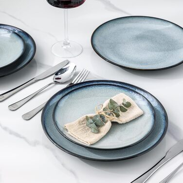 Набір посуду LeRatio для 8 осіб: 24-елементний набір посуду з кераміки з реактивною глазур'ю, стійкий до подряпин, набір тарілок та мисок, придатний для миття в посудомийній машині та використання в мікрохвильовій печі (Ozeanblau, 18 частин)