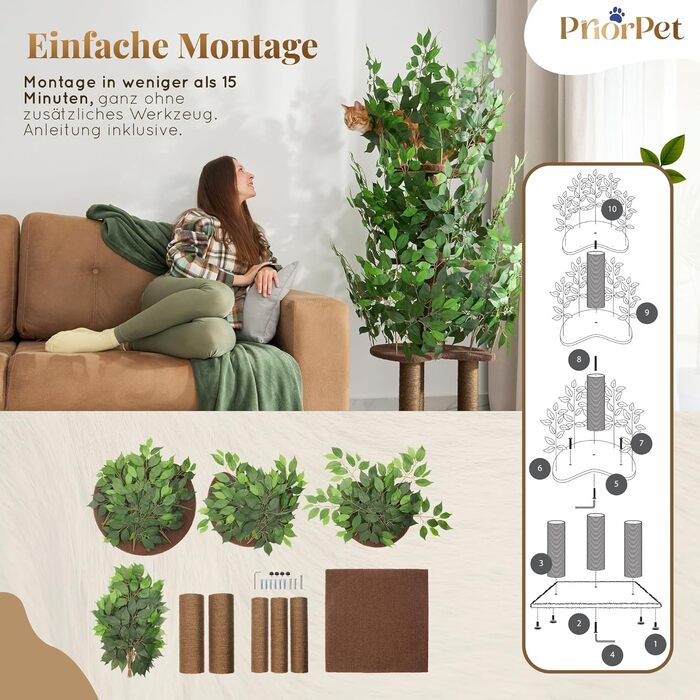 Дерево для котів з листям – Стабільний та компактний – 4 поверхні для дряпання та 3 стовпчики – Ідеально для лазіння, ховання та сну – Легка збірка – Безпечний та довговічний cat tree з натуральних матеріалів