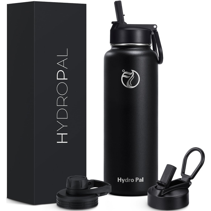 Термофляга HydroPal 1.2л (1200 мл) нержавіюча сталь, BPA-free, чорна - для спорту, подорожей, кемпінгу з соломинкою та двома кришками