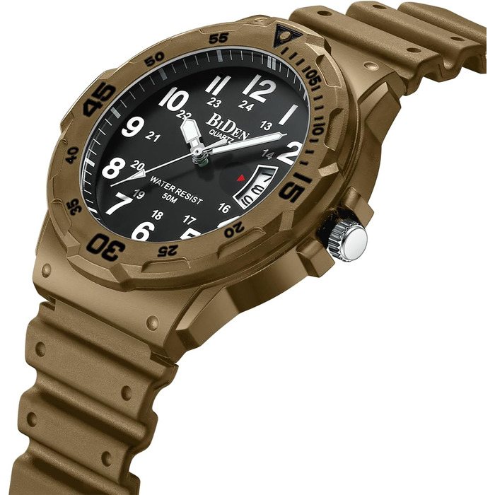 HANPOSH чоловічий годинник: аналоговий кварцовий годинник для чоловіків з датою, водонепроникний 50M, стильний дизайн, силіконовий ремінець (06- Khaki Schwarz)