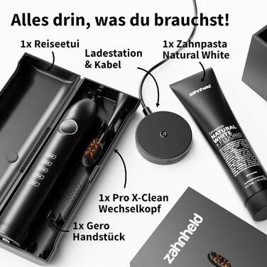 Zahnheld GERO G3 Електрична звукова зубна щітка з кейсом та насадкою | Відбілююча паста Natural White | 5 режимів чищення, тривала робота від акумулятора, чорний колір