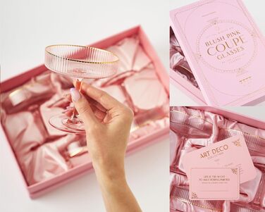 Набір келихів Art Deco з вишуканим рожевим кольором та золотим обідком (4 шт, 200 мл) | Для шампанського, коктейлів (Espresso Martini, Cosmopolitan, Daiquiri) | Скляні чаші для бару Speakeasy