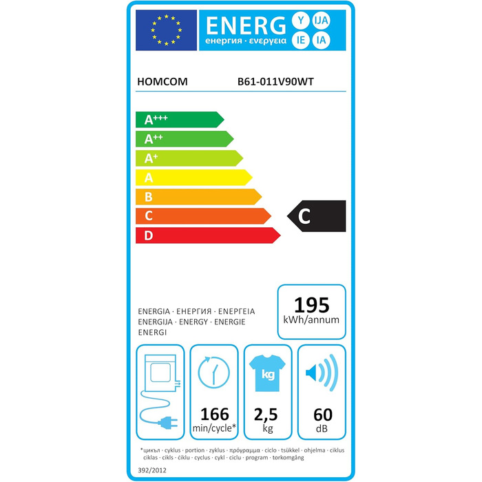 Міні-сушарка для одягу HOMCOM з 6 програмами, LED-дисплеєм, 4 кг, до 60°C, 800W, окремо стояча/настінна, з захистом від перегріву, біла