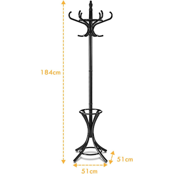 COSTWAY 184cm Wardrobe Rack with Umbrella Holder, Coat Rack with 12 Clothes Hooks, Clothes Rack made of Wood, Freestanding Coat Rack for Entryway, Living Room and Bedroom (Black)
