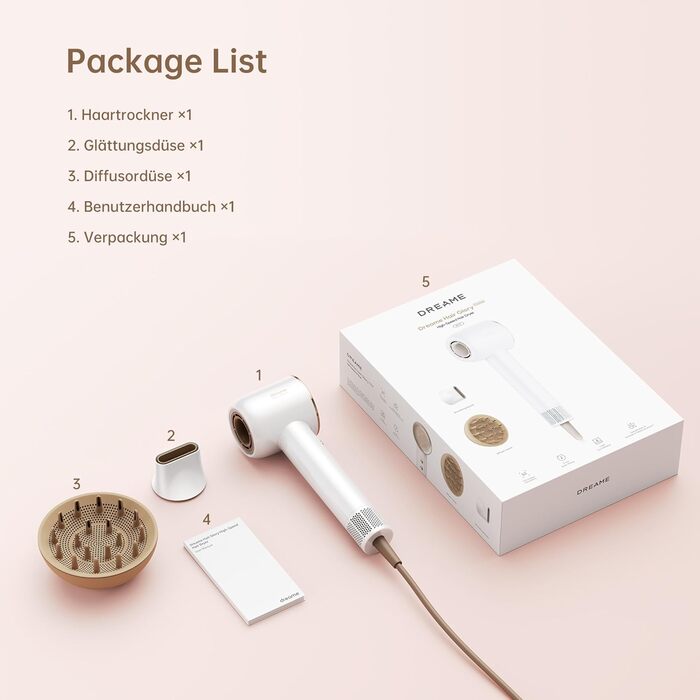 Фен DREAME Hair Glory Combo: Швидке сушіння, 110 000 обертів/хв, іонізація, регулювання температури та швидкості, дифузор, тиха робота, білий