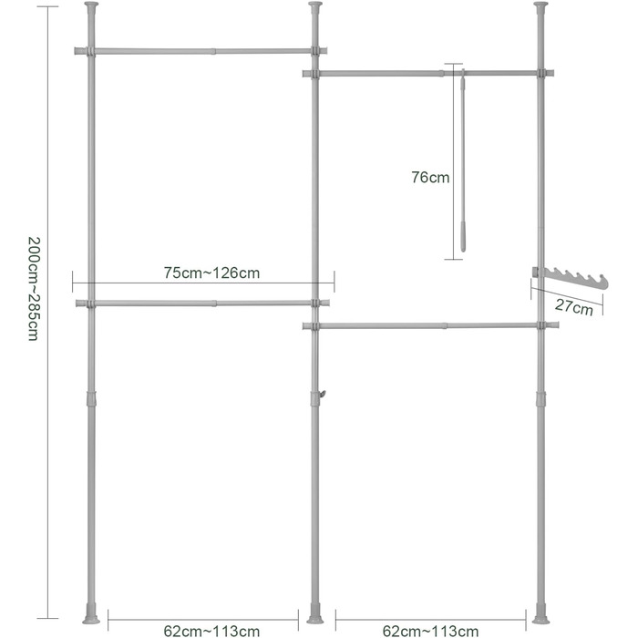 SoBuy KLS03-SCH Clothes Rack Coat Rack with 4 Clothes Rails Telescopic Wardrobe System Adjustable Shelf System Bra Approx. 124-226x200-285cm (Light Grey)