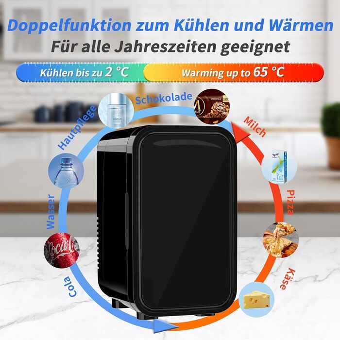 YASHE Mini Fridge - 6 Liter / 8 Can Portable Cooler - 220-240V AC/DC - Black - For Bedroom, Skincare, Drinks, Office, Dorm & Car