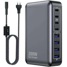 Зарядний пристрій USB-C 200W, 8 портів GaN, швидка зарядка PD 65W для ноутбука MacBook/Dell/Steam Deck, iPhone 17/16/15/14, Galaxy S24/S23 (чорний)