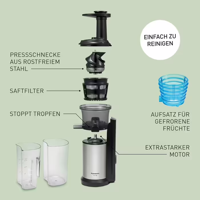 Panasonic MJ-L500S Slow Juicer / Entsafter / 2 inserts for juices & frozen ingredients / Frozen Yogurt / Silver