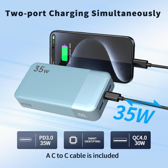 Power Bank Nobis 20000mAh з LED дисплеєм, 35W USB-C, 4 порти, зарядка для MacBook, iPhone 15, Samsung S23 (зелений/синій)