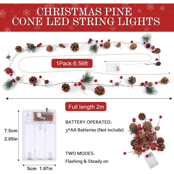 LED гірлянда на ялинку з шишками та червоними ягодами, 2м, 20 LED, тепле біле світло, режим блимання, для прикрашання дому та саду