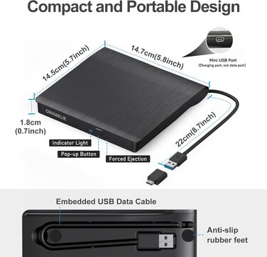 Зовнішній DVD-записувач ORIGBELIE USB 3.0, портативний CD-ROM привід +/-RW для ноутбука, ПК, MacBook, Windows, Linux