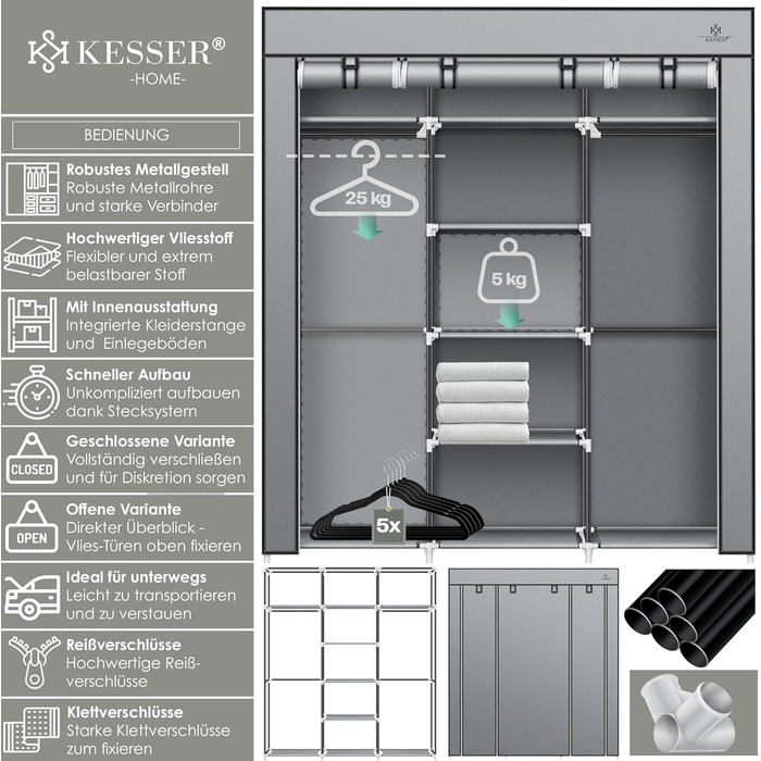 KESSER® Wardrobe Clothes Closet Stable with Clothes Rail & Shelves, Incl. 5x Clothes Hangers, Fabric Folding Closet for Bedroom, Dressing Room Wardrobe with Clothes Rack 150x45x175cm (Grey)