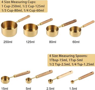 8-Piece Stainless Steel Measuring Cup and Spoon Set with Wooden Handle for Dry and Liquid Ingredients (Gold)