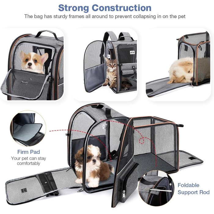 Розширюваний рюкзак для кота/собаки, до 8 кг, сірий. Рюкзак-переноска для тварин з безпечною шнуркою та підстилкою, 32 x 28 x 42 см