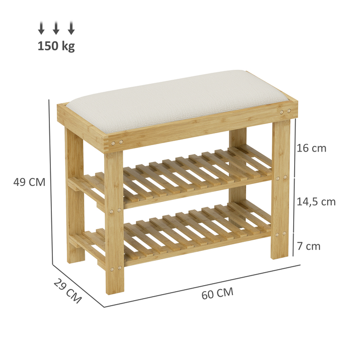 HOMCOM Shoe Cabinet with Seat, Bamboo Bench with Storage, Shoe Rack with 2 Open Compartments, Bench, Bank, Coat Room Bench for Living Room, Hallway, 60 x 29 x 49 cm Cream White | Aosom