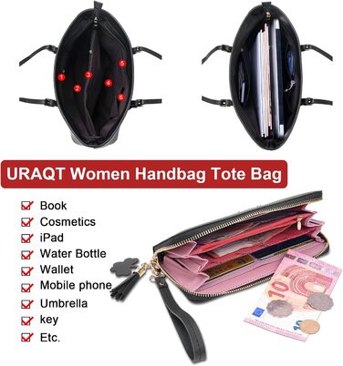 Жіноча сумка-шопер URAQT чорного кольору зі шкіри з помпоном з хутра кролика та брелоком - для офісу, школи, покупок