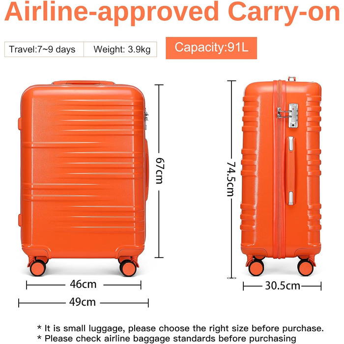 Чемодан British Traveller для ручної поклажі, середній, 64*43*26.5 см, з TSA-замком, ABS+PC, помаранчевий