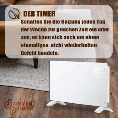 Конвектор опалення DONYER POWER 2500W з Wi-Fi, 24H таймер, дистанційне керування, скло (1.5kW, білий)