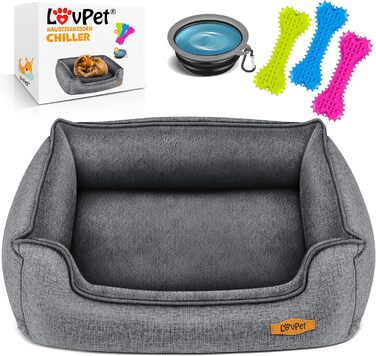 Lovpet® Dog Bed, Dog Cushion, Dog Basket Chiller, Incl. Bowl + 3X Chew Bones, Dog Sofa Cushion for Small, Medium & Large Dogs, Removable and Washable Cover, L 90 x 75 x 25 cm Grey