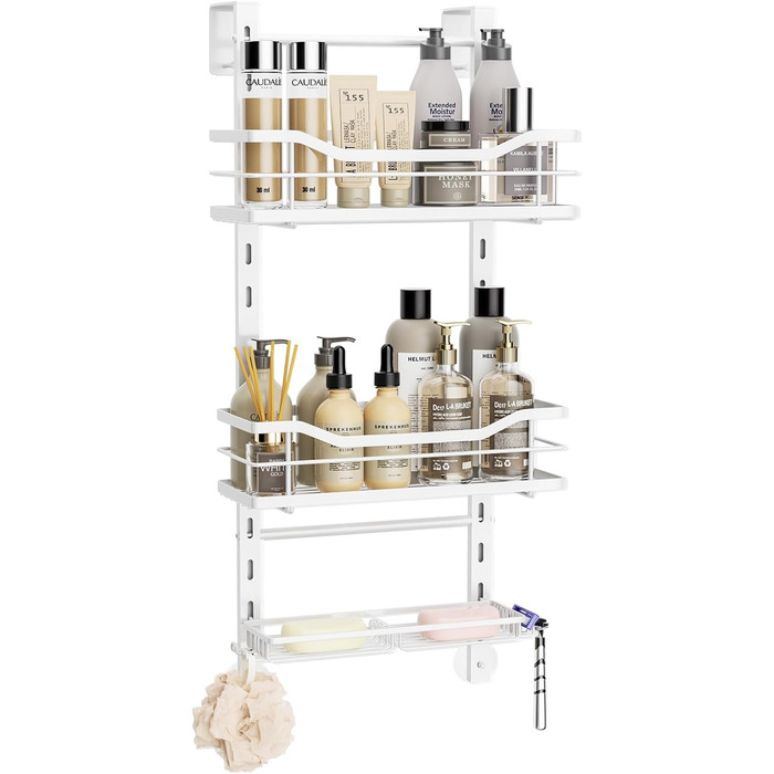 SWTYMIKI Adjustable Hanging Shower Shelf - No-Drill Shower Shelf for Glass Door, Stainless Steel Shower Shelf with Hooks and Soap Holder, Shampoo Holder for Shower, White