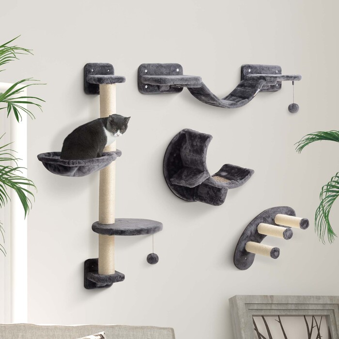 PawHut 4-Piece Cat Climbing Wall - Cat Climbing Wall Set with Hammock and Bridge, Supports up to 5 kg, Dark Grey