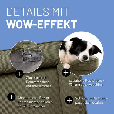 Ортопедичне ліжко для собак Lumaland з корду | Софа для собак 70x60 см - для маленьких собак | Нековзне дно | Зручна наповнювач та знімне прання | Корзинка для собак з Memory Foam Cord - Оливковий (Cord - Оливковий, 90 x 65 см - M)