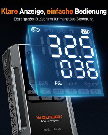WOLFBOX 4000A: Портативний пусковий пристрій з компресором 160PSI, 12V, 65W, 88.8Wh для бензинових/дизельних двигунів, LED-ліхтар, кабелі для підключення