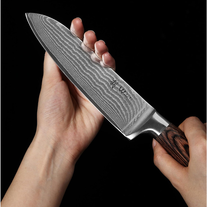 Набір кухонних ножів Wakoli EDIB Damast: 4 ножі з дамаської сталі (67 шарів) з VG10 серцем та дерев'яною ручкою. Включає: Сантоку, Офісний ніж, Ніж для м'яса. У подарунковій коробці.