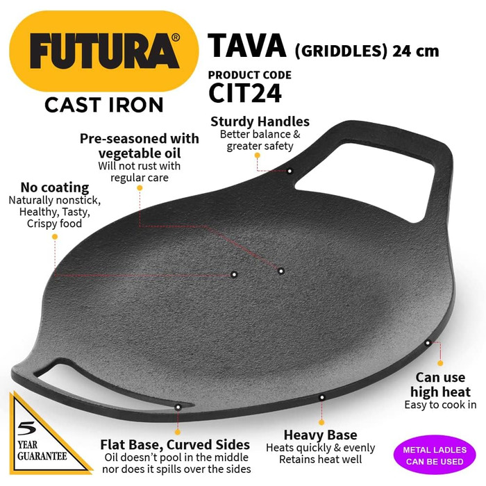 Чавунна тава HAWKINS Futura 24 см для роти, кухонний посуд, чорна, суцільнолитий чавунний корпус і ручка